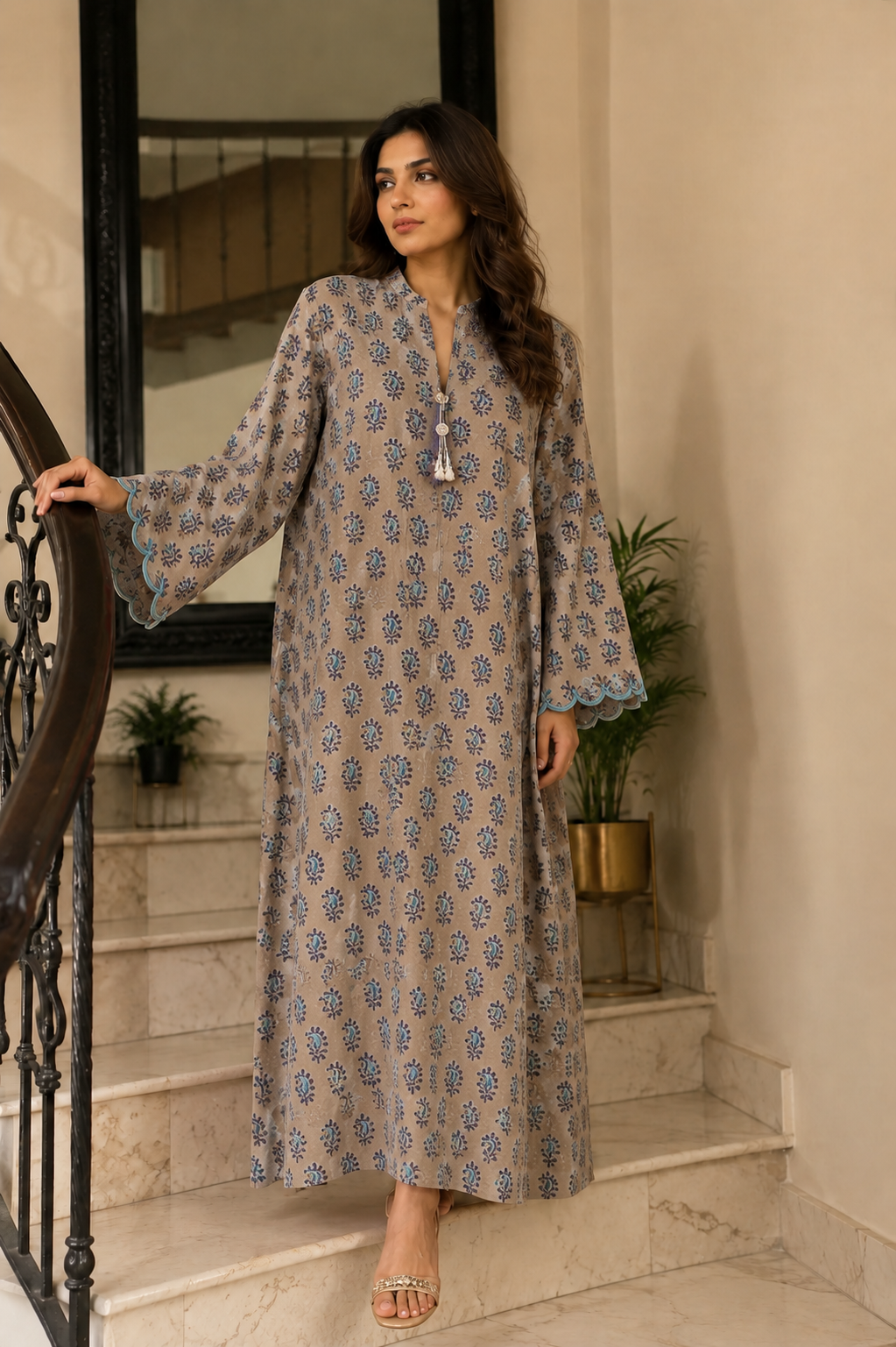 Noor Block Print Lawn Kurti – Sand Beige