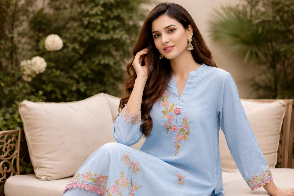 Azure Bloom Embroidered Lawn Kurta Set